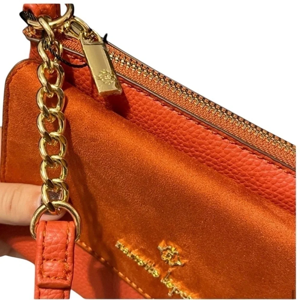 NANETTE LEPORE MSRP $39 Crossbody Bag with Suede Flap & Vegan Leather in Pumpkin - Picture 2 of 10